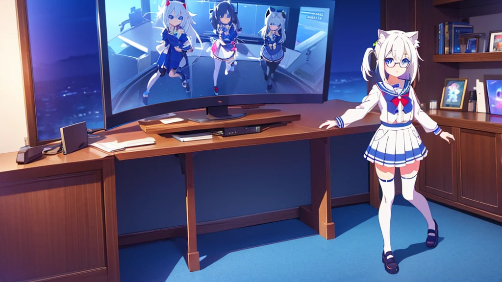Vtuber adorable cute beautiful cat ears white hair short skirt dress blue eyes stockings on legs glasses in the room with a console controller in her hand gamer brooch on her head full body