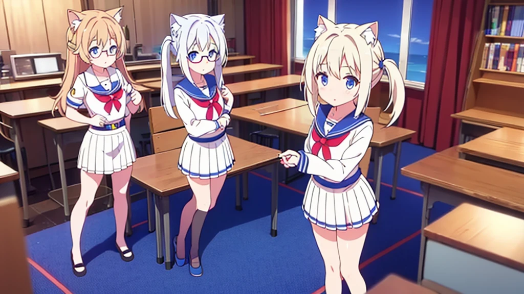 Vtuber adorable cute beautiful cat ears white hair short skirt dress blue eyes stockings on legs glasses in the room with a console controller in her hand gamer brooch on her head full body