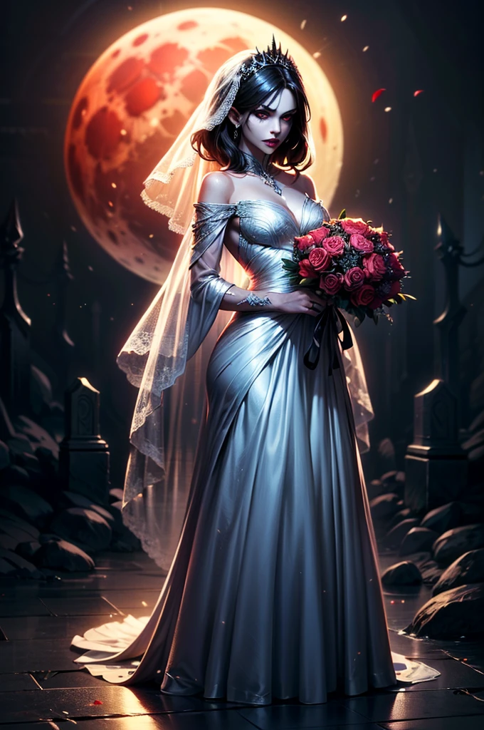 In the night graveyard near the open coffin standing beatiful pale bride female, she have pale skin, beatiful face with silver eyes dark red lipstick black eyeshadows and black tear trace on her face, her haie is black as the darkest night, she dressed in old wedding dress with holes and blood stains and bare feets, in her hands she holding withered black rose bouquet, she have greennish glow aura around her, there is blood moon in the sky,(ultra high quality fantasy art, ghothic dark fantasy style, masterpiece, ultra high quality character design, 8k quality anime art, realistic anime art, top quality wallpaper illustration, detailed ultra high quality accurate face, high quality design and accurate physic)