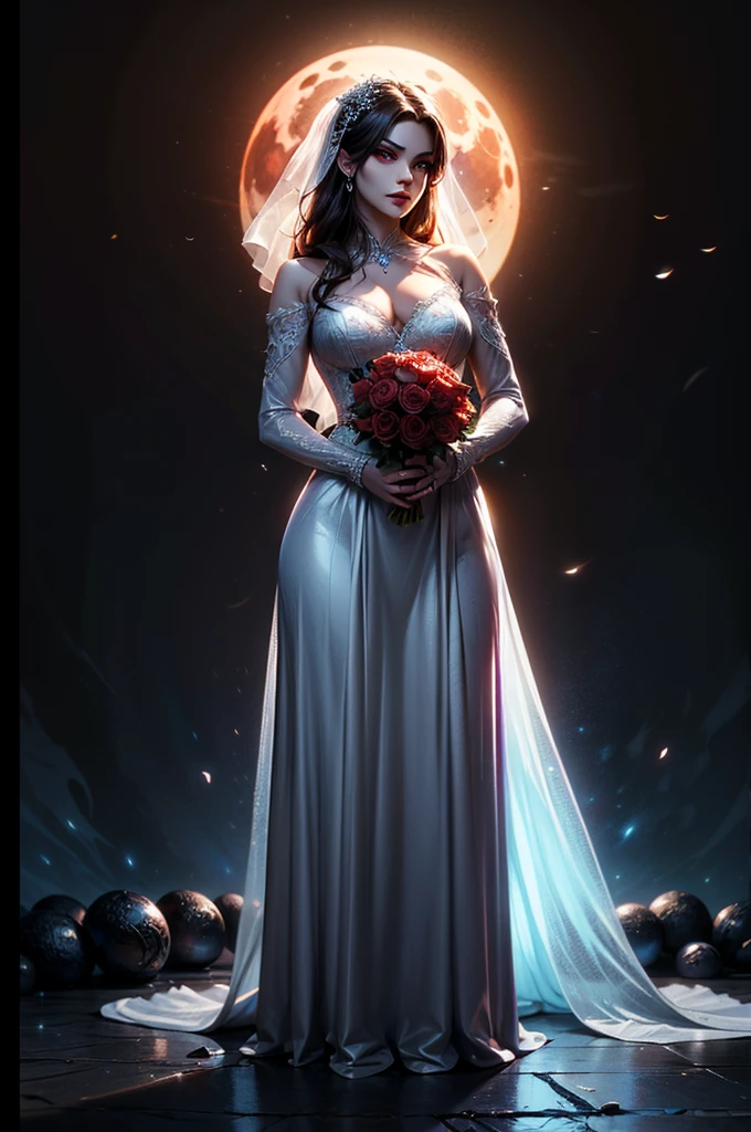 In the night graveyard near the open coffin standing beatiful pale bride female, she have pale skin, beatiful face with silver eyes dark red lipstick black eyeshadows and black tear trace on her face, her haie is black as the darkest night, she dressed in old wedding dress with holes and blood stains and bare feets, in her hands she holding withered black rose bouquet, she have greennish glow aura around her, there is blood moon in the sky,(ultra high quality fantasy art, ghothic dark fantasy style, masterpiece, ultra high quality character design, 8k quality anime art, realistic anime art, top quality wallpaper illustration, detailed ultra high quality accurate face, high quality design and accurate physic)