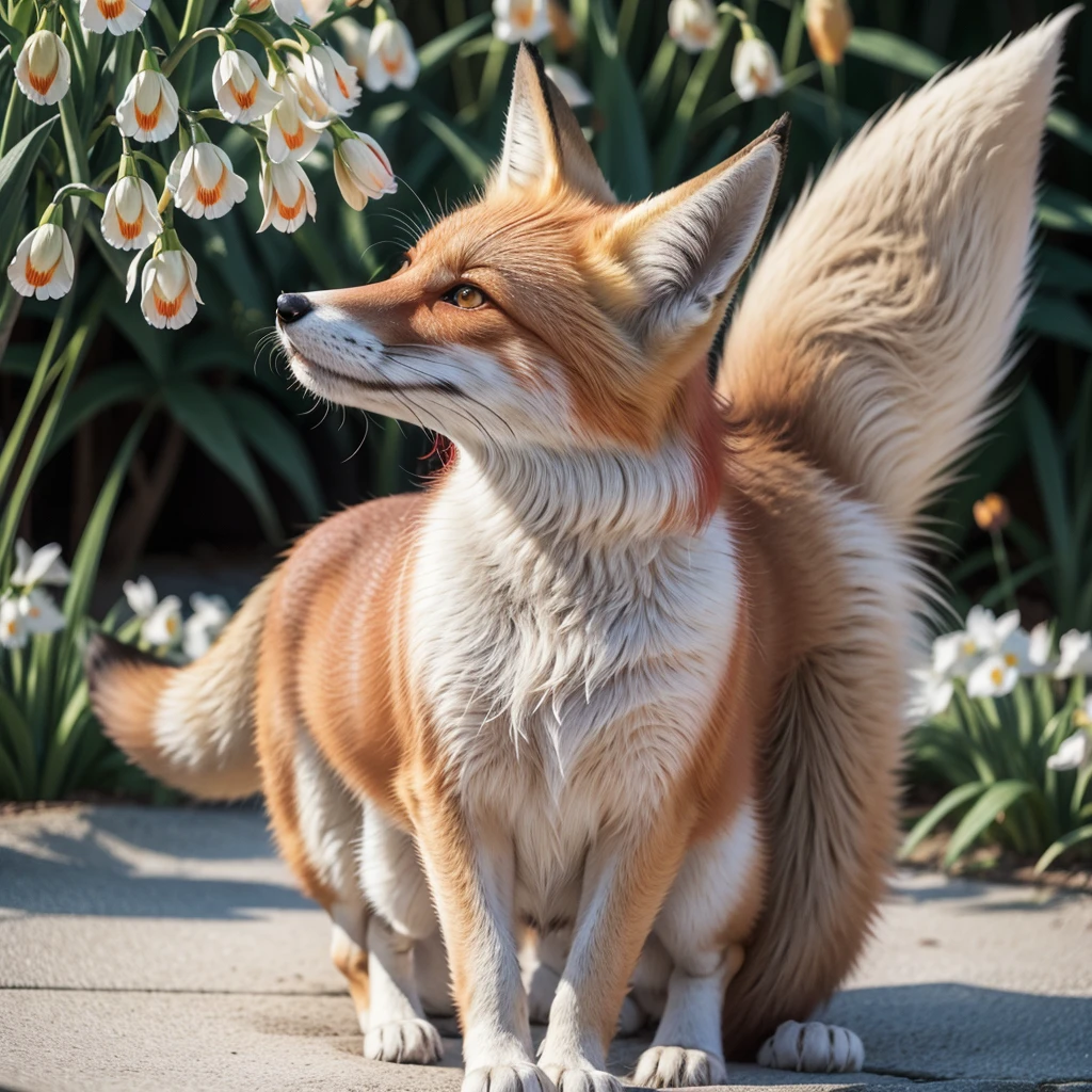 red fox, white, furry fandom, bright red irises, ultra cute, gigantic tail