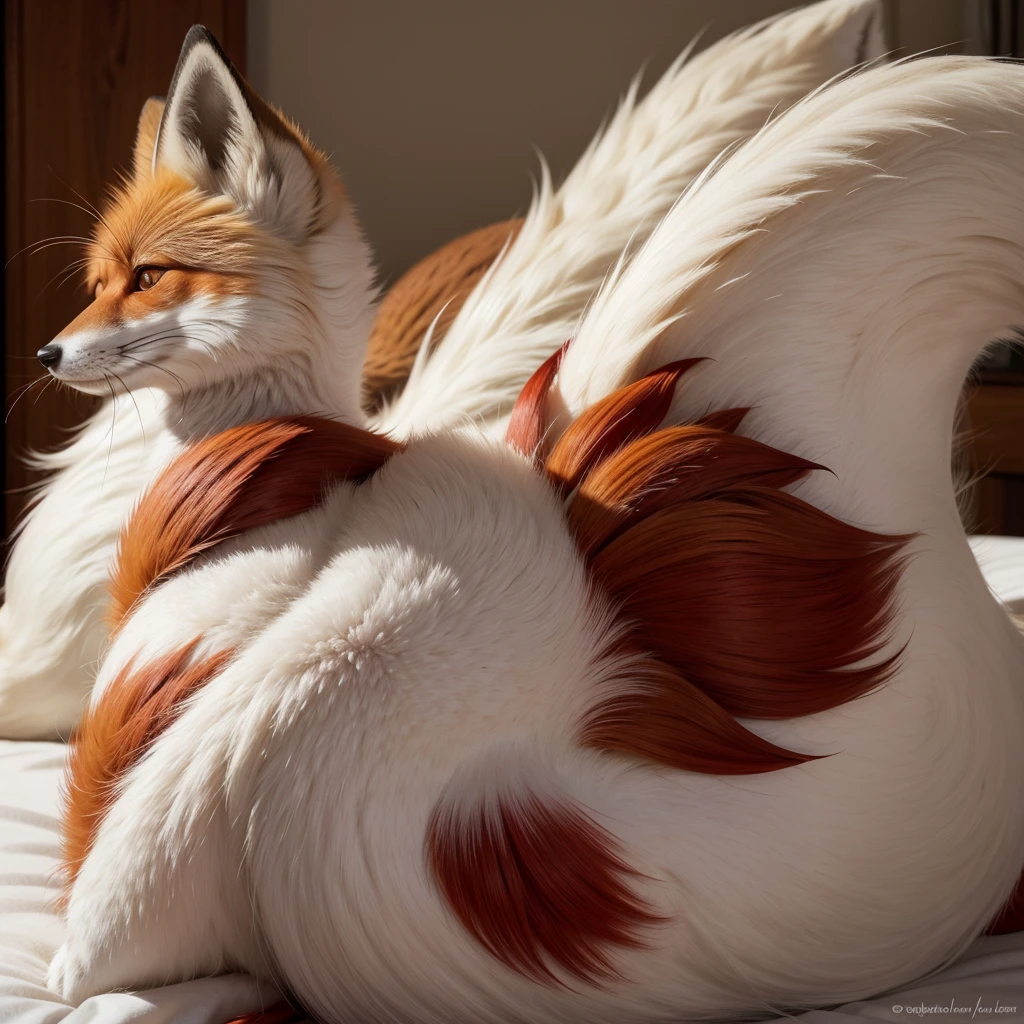 red fox, white, furry fandom, bright red irises, ultra cute, gigantic tail
