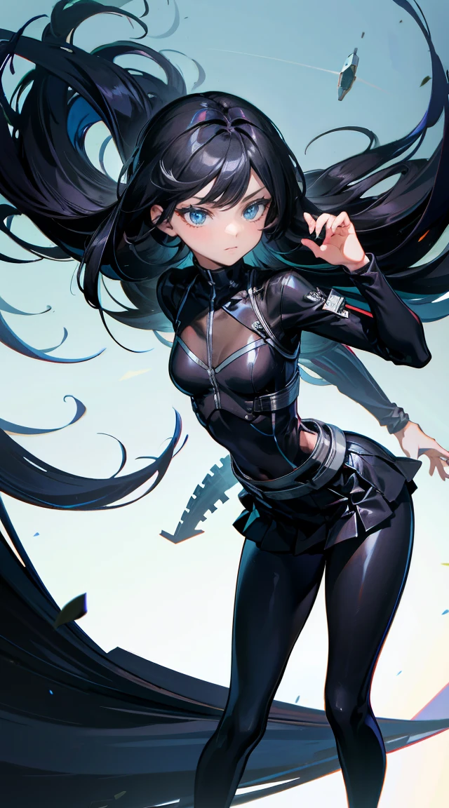 A sexy skinny anime girl with small round breasts dressed in a black corset, bare shoulders, short black pleated skirt, slender legs, small beautiful face, black eyes with makeup dark on her eyelids, dark lipstick, long black hair flying in the wind, she is standing forward posing for photos, cleavage, sexy, minimal blurred background, 2D anime style.