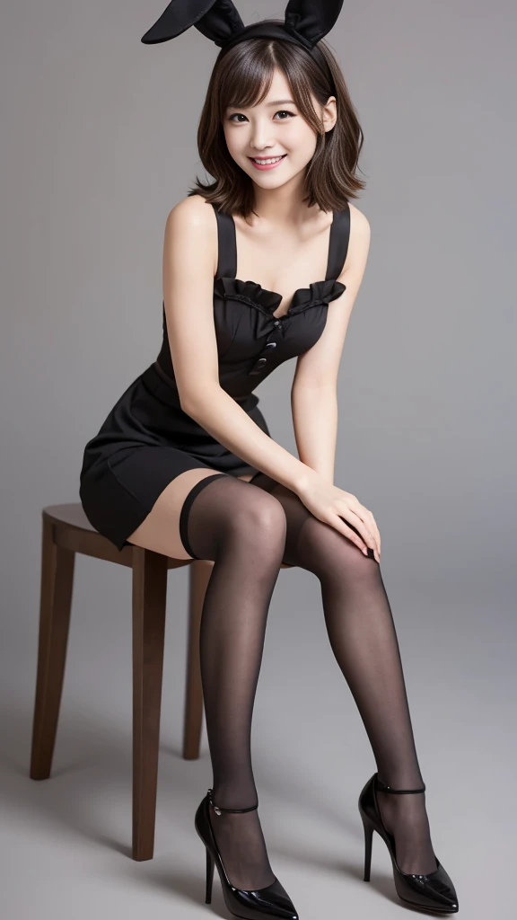 Bunny girl in maid outfit:1.5，Wearing black tights:1.5，The best smile:1.5，Full Body Shot:1.5，Gray background:1.5，Wearing black high heels:1.5，Short hair with side waves:1.5，Sitting with legs crossed:1.5