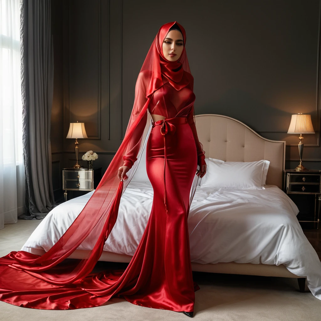 a woman in the translucent silk red gown, tight full body tied, satin sheet, on with nippleing, wearing translucent veils, faceless, face cover with satin veil, satin hijab, full body, long satin,mermaid tight long gown, flowy dramatic long gown, tall women, satin bed, strugle to walk, wear high heels, satin bed, masterpice