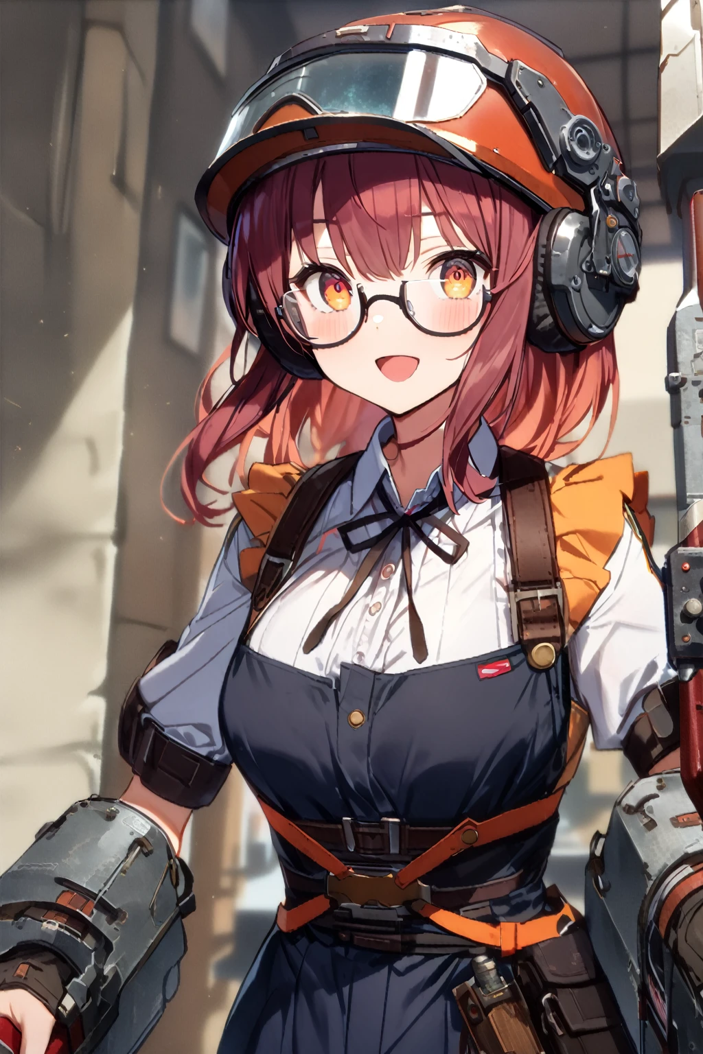 (extremely detailed fine touch:1.3), (((semi-rimless round eyewear:1.3))), (headphone:1.2), short hair, blunt bangs, 1 girl, evil smile, open mouth, black overalls, torn clothes, holding chainsaw, blood skin, dirty skin, horror background,