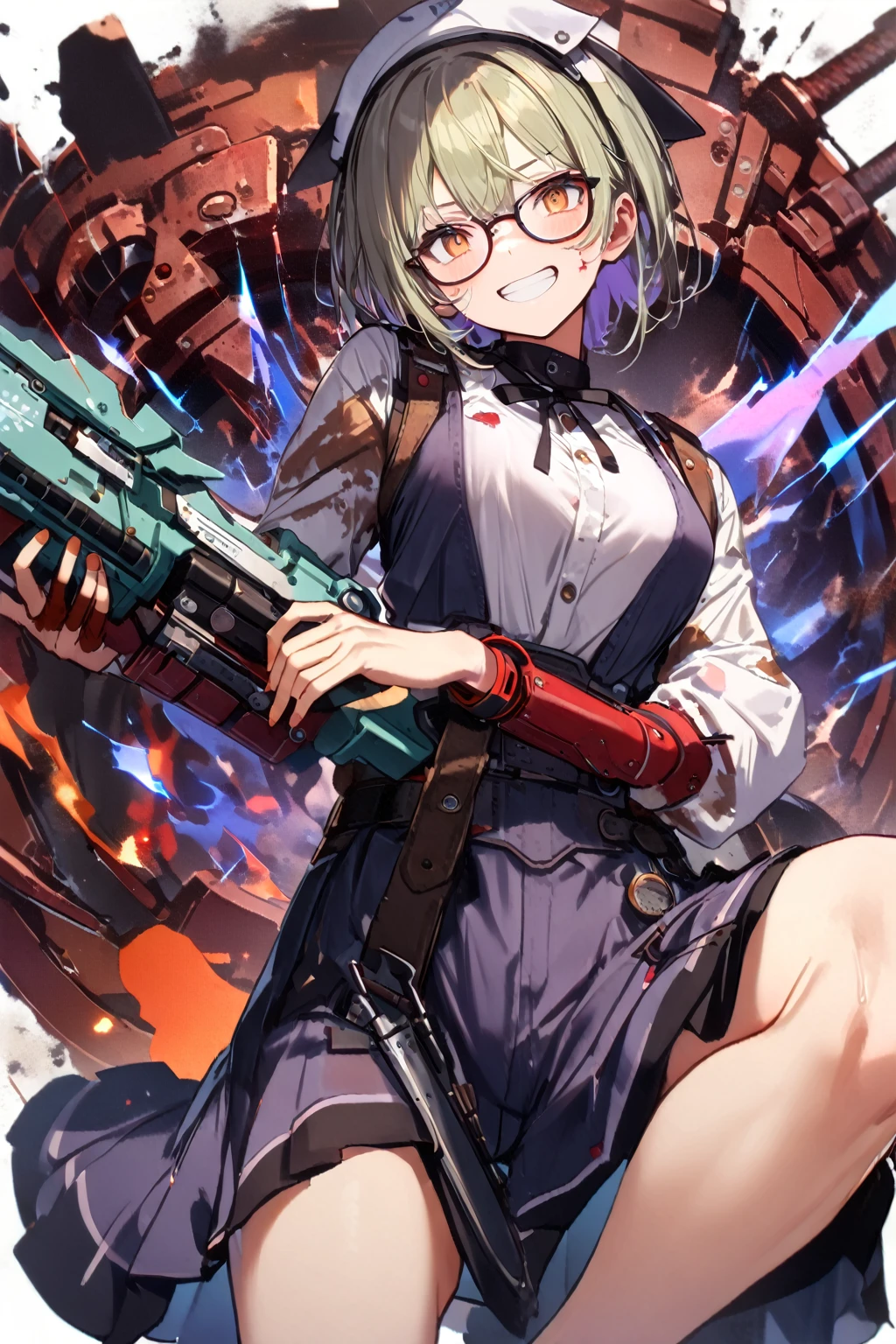 (extremely detailed fine touch:1.3), (((semi-rimless round eyewear:1.3))), (headphone:1.2), short hair, blunt bangs, 1 girl, evil smile, open mouth, black overalls, torn clothes, holding chainsaw, blood skin, dirty skin, horror background,