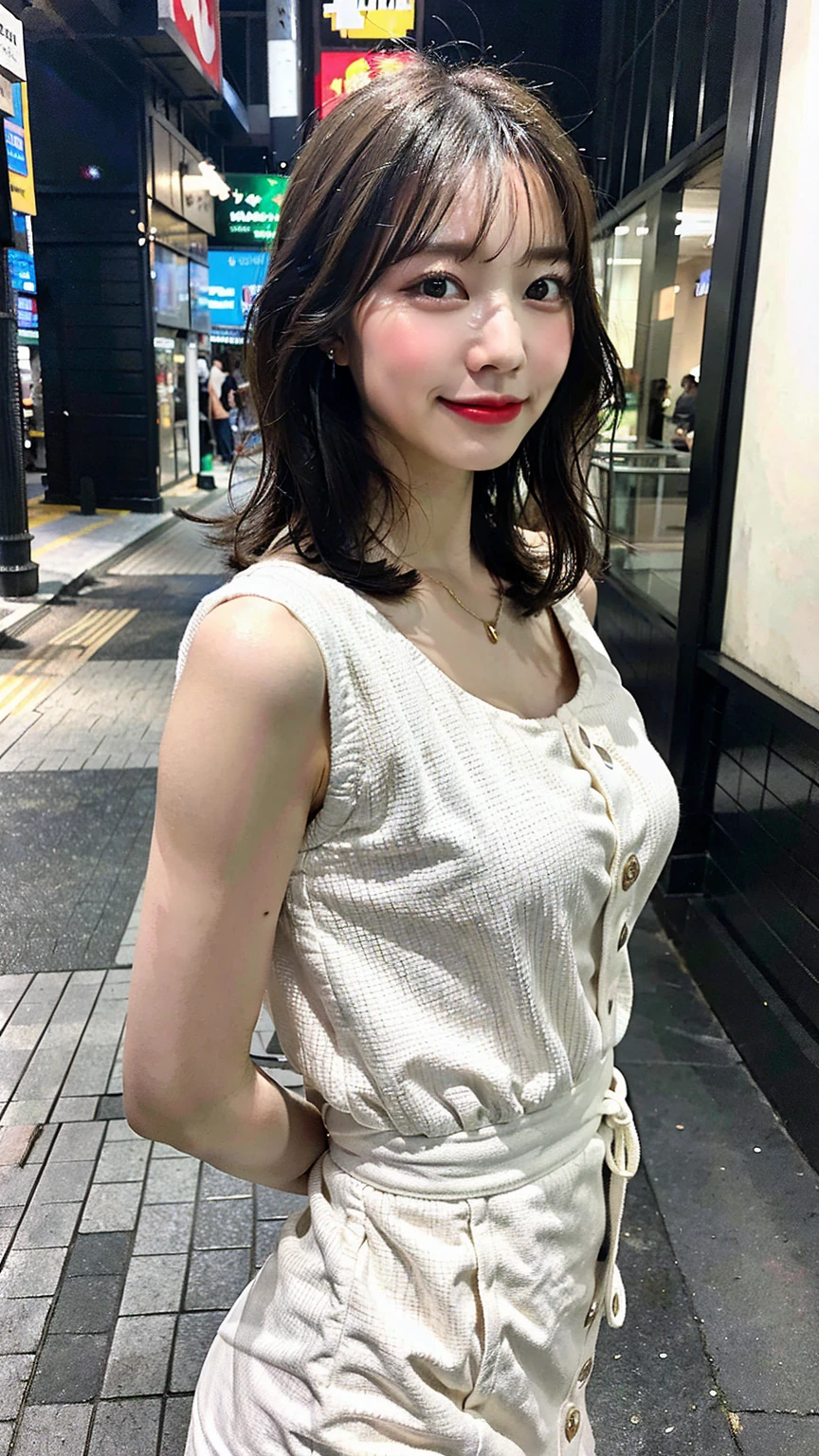 (Highest quality, 8K, 32k, masterpiece, Ultra-high resolution: 1.2), Cute Japanese Women Photos, Very short bob hair, whole body, Extra Large_one piece, necklace, Simple Background,(Film aesthetics:1.4) Bokeh urban night photo of a beautiful fashion model、Generate from head to toe