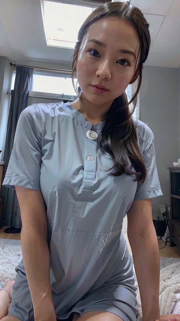 Live Action、8K,  Highest quality, Realistic, Very detailed、Simple room、gray ceiling、Young and beautiful girl、Large Breasts、Show me your forehead、Taking a selfie with your smartphone、A photo taken from a very low angle、Photo looking up from directly below、Photo of the chest from below、Sexy nurse costume、