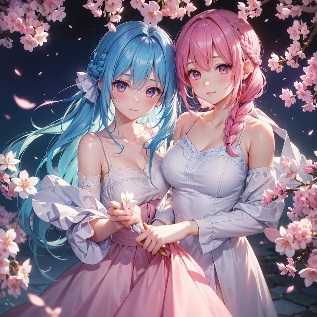 (Sky blue medium hair),(Braided hair tied together)、Pink eyes、Fair skin、(whole body)、(One Girl)、(suit)、Cherry Blossoms at Night、A big smile、、(masterpiece、Highest quality、Very detailed、Best Shadow)、(Detailed Background)、(Beautifully detailed face)、High contrast、(Best lighting、Very delicate and beautiful)、((Cinematic Light))、colorful、Hyper Detail、Dramatic Light、Exquisite detail、