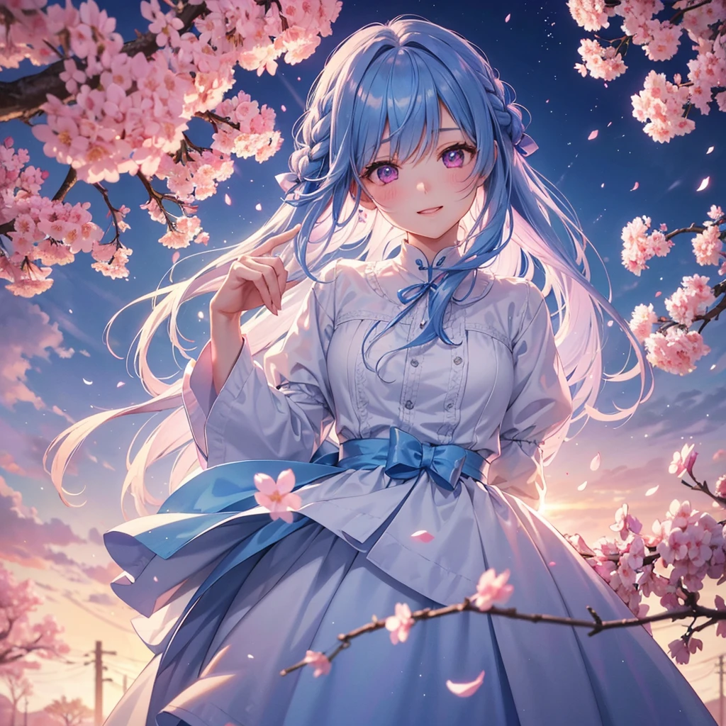 (Sky blue medium hair),(Braided hair tied together)、Pink eyes、Fair skin、(whole body)、(One Girl)、(suit)、Cherry Blossoms at Night、A big smile、、(masterpiece、Highest quality、Very detailed、Best Shadow)、(Detailed Background)、(Beautifully detailed face)、High contrast、(Best lighting、Very delicate and beautiful)、((Cinematic Light))、colorful、Hyper Detail、Dramatic Light、Exquisite detail、