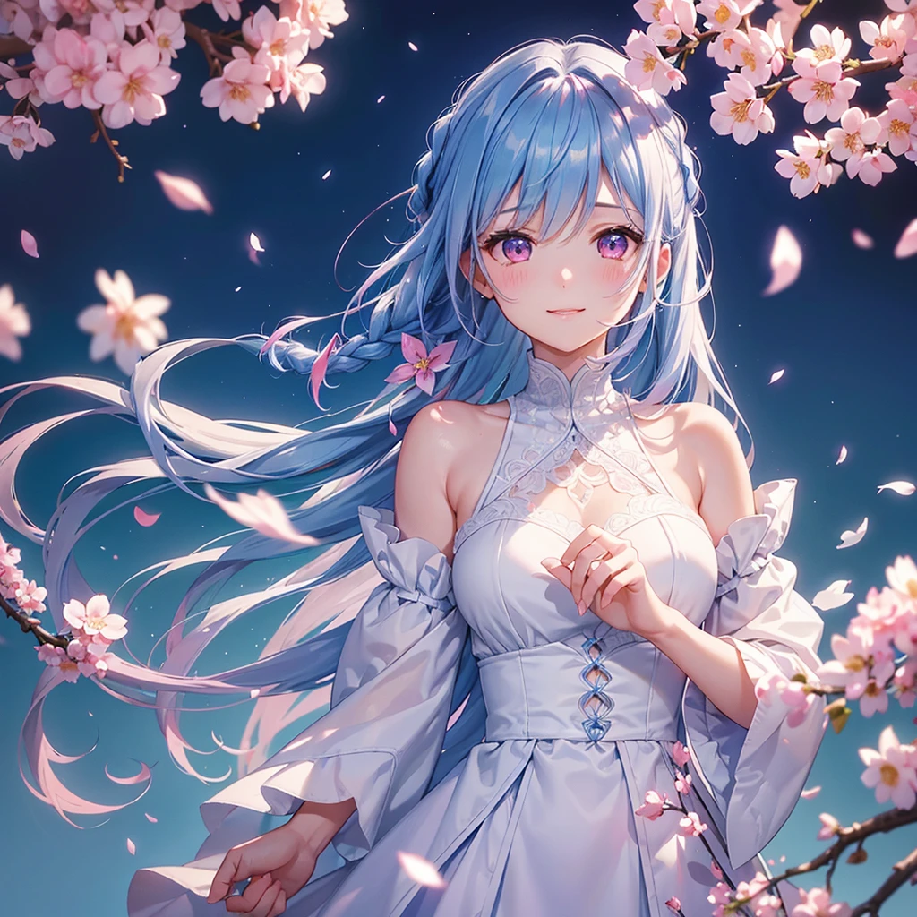 (Sky blue medium hair),(Braided hair tied together)、Pink eyes、Fair skin、(whole body)、(One Girl)、(suit)、Cherry Blossoms at Night、A big smile、、(masterpiece、Highest quality、Very detailed、Best Shadow)、(Detailed Background)、(Beautifully detailed face)、High contrast、(Best lighting、Very delicate and beautiful)、((Cinematic Light))、colorful、Hyper Detail、Dramatic Light、Exquisite detail、