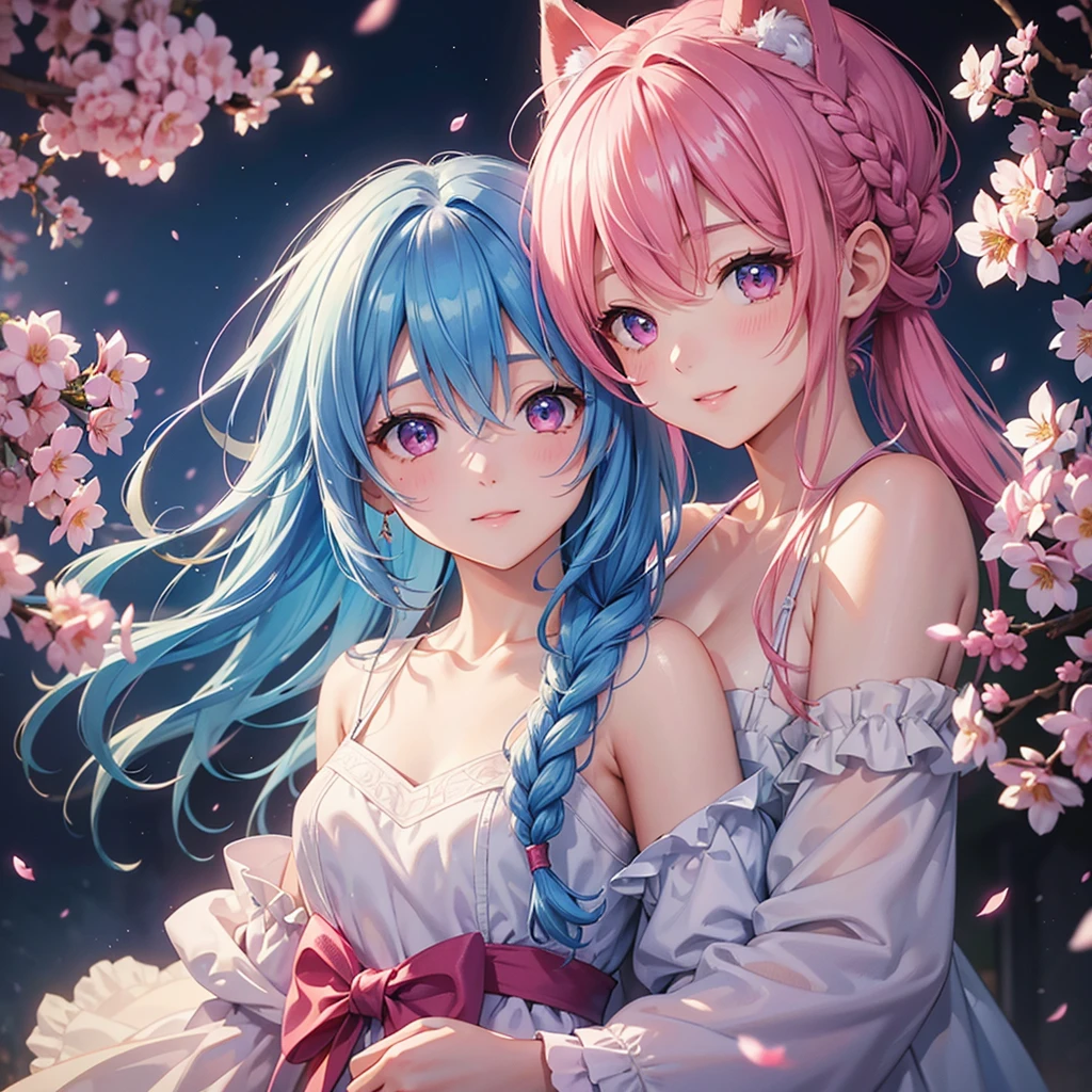 (Sky blue medium hair),(Braided hair tied together)、Pink eyes、Fair skin、(whole body)、(One Girl)、(suit)、Cherry Blossoms at Night、A big smile、、(masterpiece、Highest quality、Very detailed、Best Shadow)、(Detailed Background)、(Beautifully detailed face)、High contrast、(Best lighting、Very delicate and beautiful)、((Cinematic Light))、colorful、Hyper Detail、Dramatic Light、Exquisite detail、