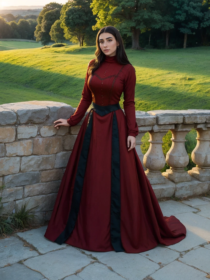 Gorgeous and sultry busty athletic (thin) brunette queen with sharp facial features wearing a modest updo, dark red medieval dress, long sleeves, intricate patterns, scrollwork, wide neck, crown, veil, long dress, modest dress, tight bodice, (silver waist chain), medieval jewelry, Middle Ages, castle, rampart, wall, exterior, on top of a castle wall, trees, countryside, evening, sunset.
