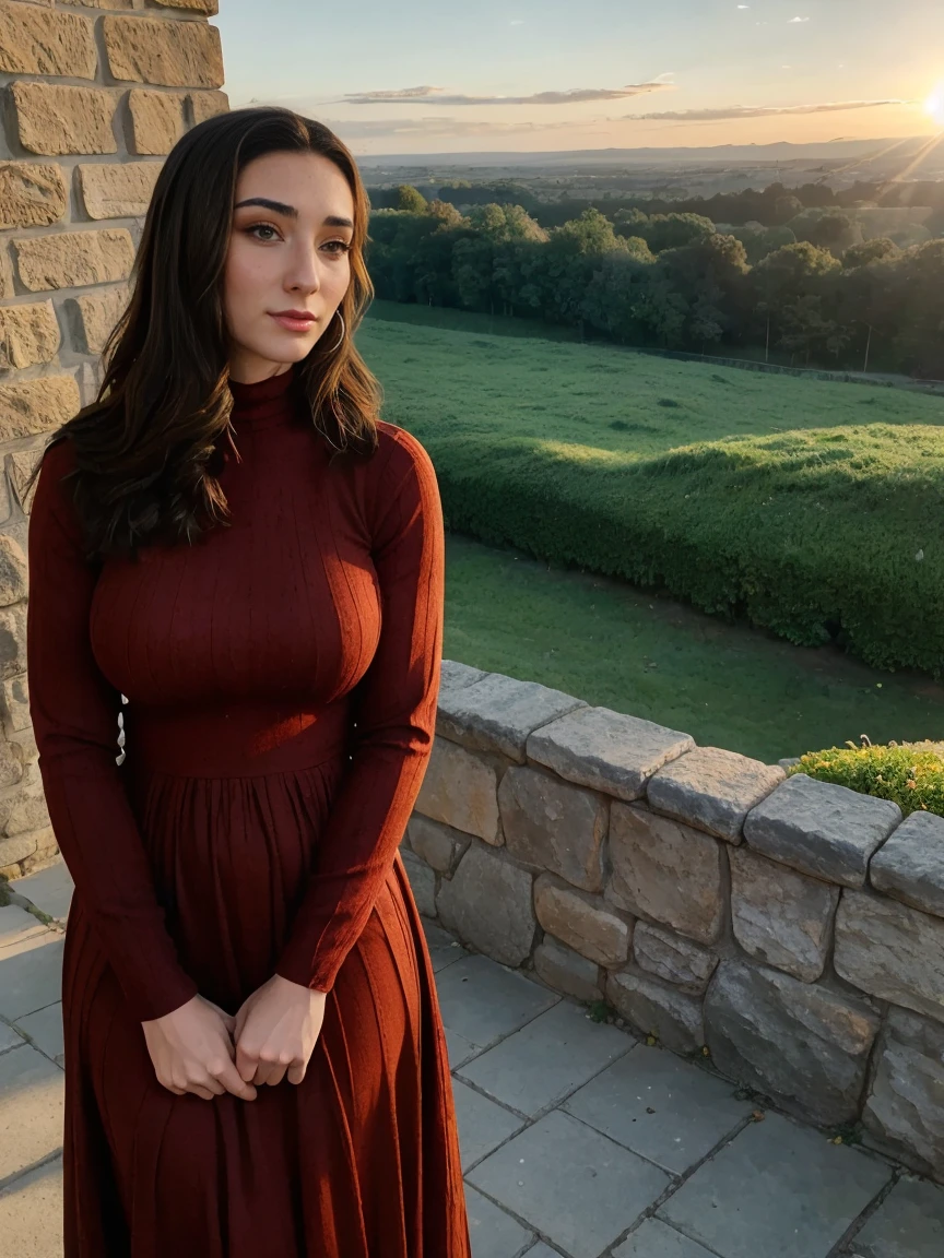 Gorgeous and sultry busty athletic (thin) brunette queen with sharp facial features wearing a modest updo, dark red medieval dress, long sleeves, intricate patterns, scrollwork, wide neck, crown, veil, long dress, modest dress, tight bodice, (silver waist chain), medieval jewelry, Middle Ages, castle, rampart, wall, exterior, on top of a castle wall, trees, countryside, evening, sunset.
