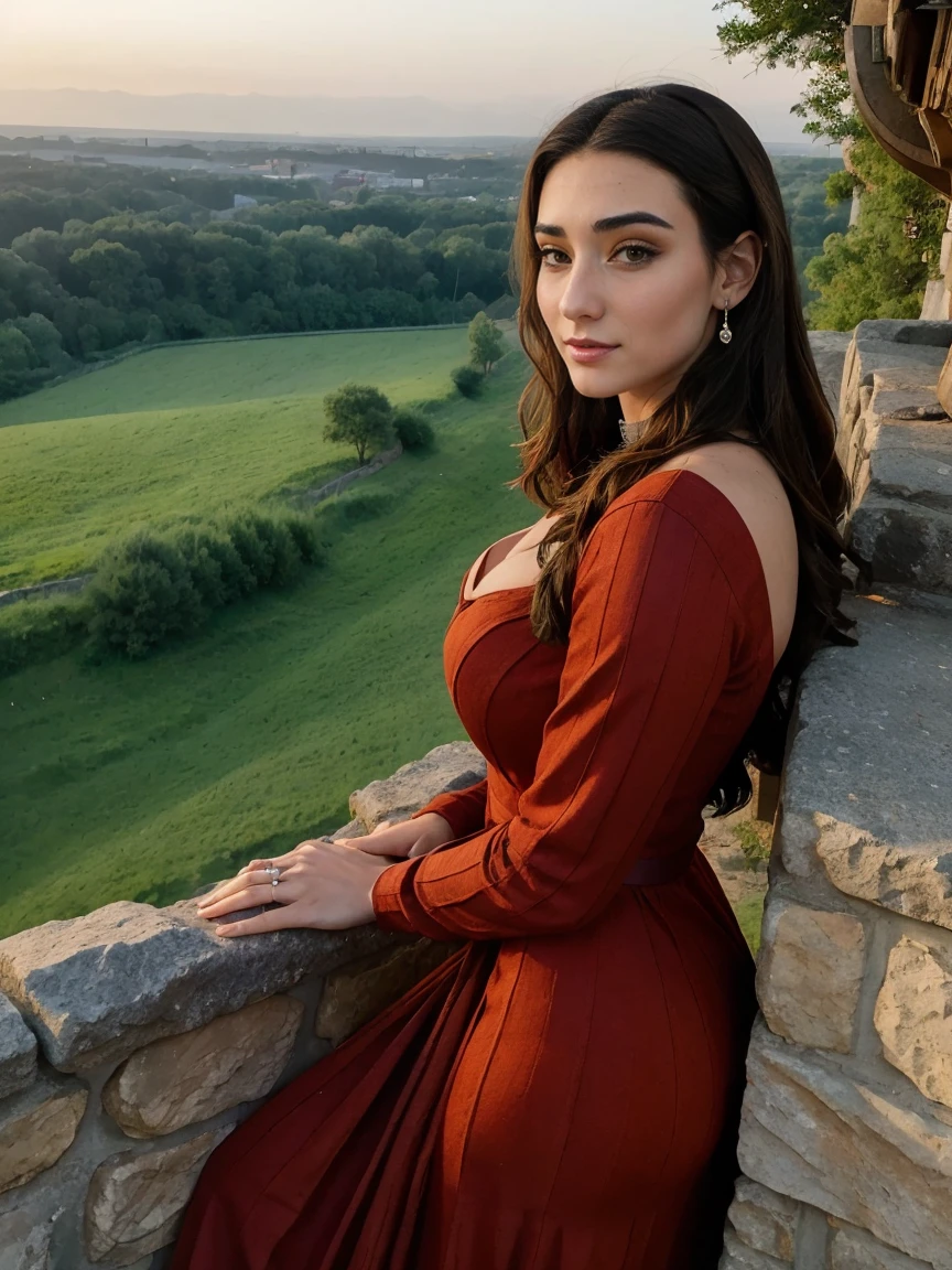 Gorgeous and sultry busty athletic (thin) brunette queen with sharp facial features wearing a modest updo, dark red medieval dress, long sleeves, intricate patterns, scrollwork, wide neck, crown, veil, long dress, modest dress, tight bodice, (silver waist chain), medieval jewelry, Middle Ages, castle, rampart, wall, exterior, on top of a castle wall, trees, countryside, evening, sunset.