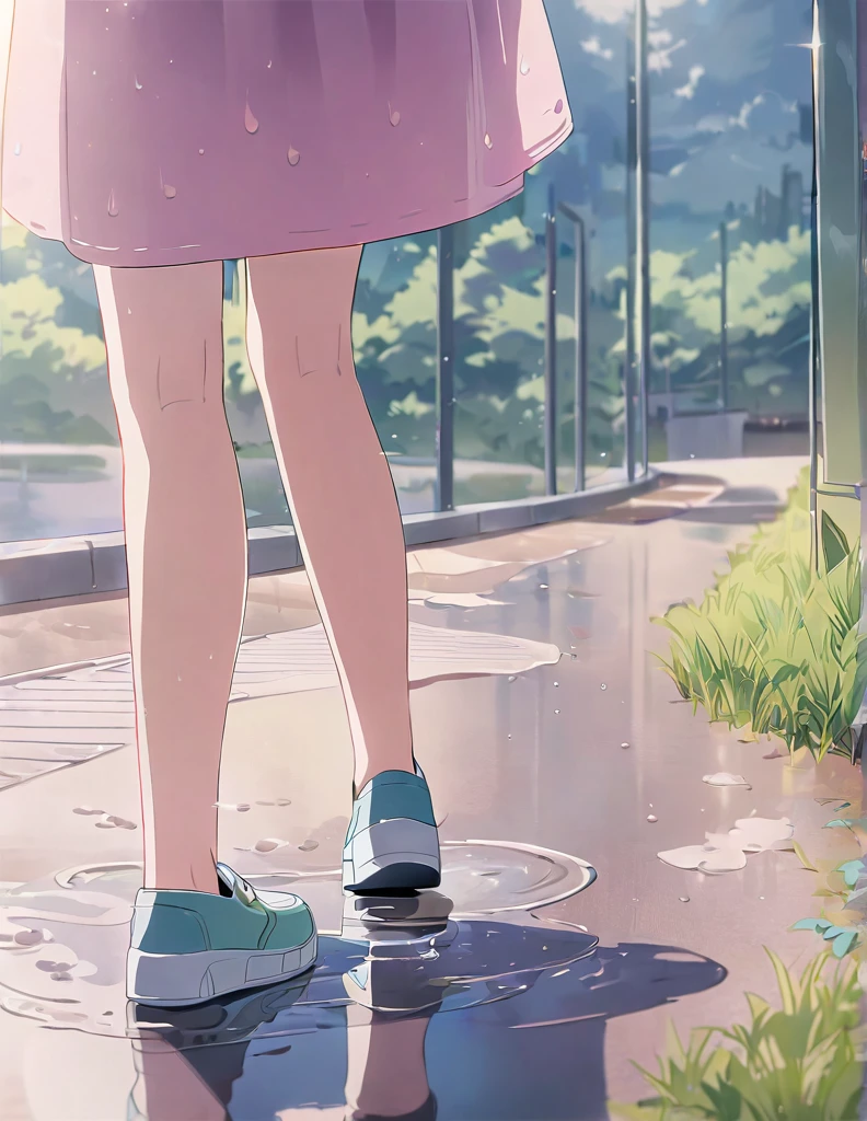 (Anime Style:1.4),A soft touch to painting、超High resolution, Attention to detail, high quality, High resolution, 最high quality, 4K, 8K,Road after the rain、Puddle and girl、Pastel color effect