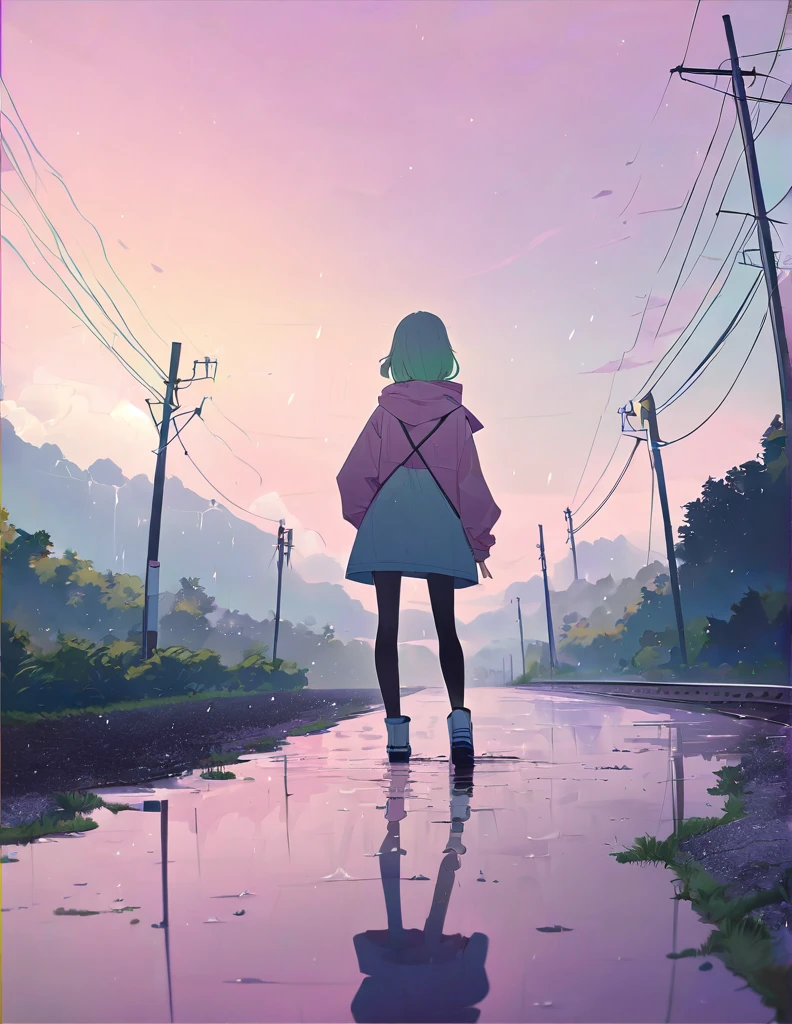(Anime Style:1.4),A soft touch to painting、超High resolution, Attention to detail, high quality, High resolution, 最high quality, 4K, 8K,Road after the rain、Puddle and girl、Pastel color effect