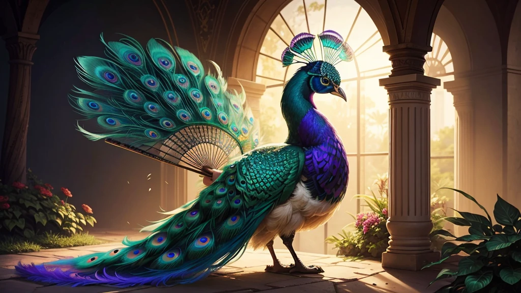 A regal peacock holding a fan made of iridescent feathers, displaying its beauty in a sunlit garden.