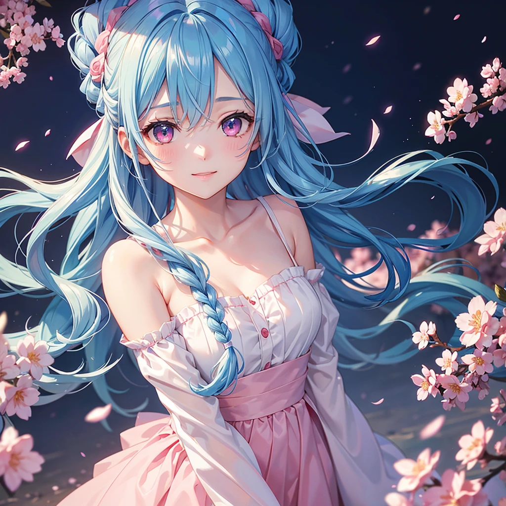 (Sky blue medium hair),(Braided hair tied together)、Pink eyes、Fair skin、(whole body)、(One Girl)、(suit)、Cherry Blossoms at Night、A big smile、、(masterpiece、Highest quality、Very detailed、Best Shadow)、(Detailed Background)、(Beautifully detailed face)、High contrast、(Best lighting、Very delicate and beautiful)、((Cinematic Light))、colorful、Hyper Detail、Dramatic Light、Exquisite detail、