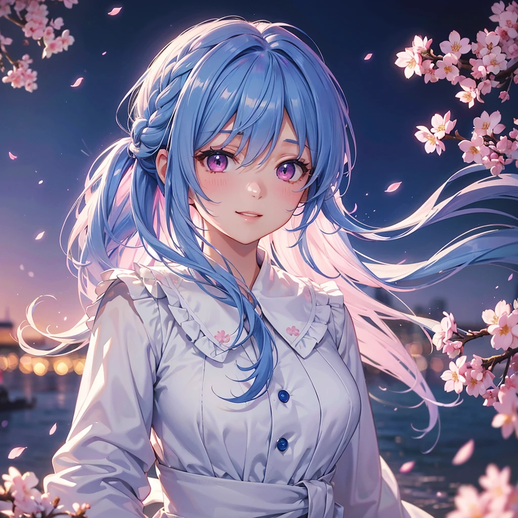 (Sky blue medium hair),(Braided hair tied together)、Pink eyes、Fair skin、(whole body)、(One Girl)、(suit)、Cherry Blossoms at Night、A big smile、、(masterpiece、Highest quality、Very detailed、Best Shadow)、(Detailed Background)、(Beautifully detailed face)、High contrast、(Best lighting、Very delicate and beautiful)、((Cinematic Light))、colorful、Hyper Detail、Dramatic Light、Exquisite detail、