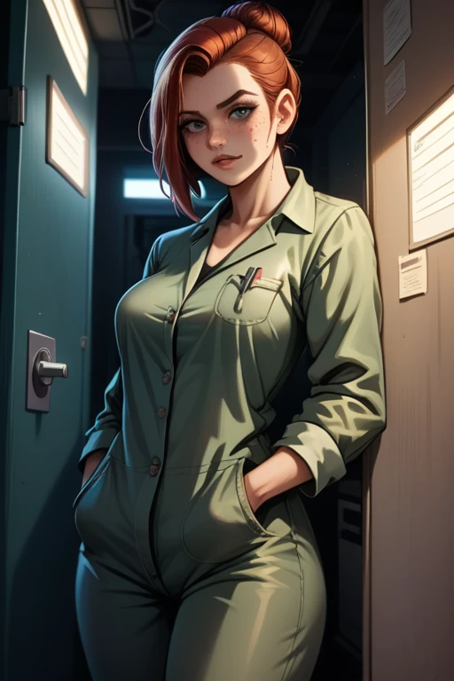 Tall and slender woman; wavy auburn hair; piercing green eyes; fair skin with a few freckles; athletic build; large breasts; confident; girl-next-door look; soft and cute features); in a cyberpunk tunnel; best quality; trending on artstation; dark room with complex volumetric lighting; strong shadows; artistic lighting; dynamic; energetic vibe; realistic skin; specular highlights; micro-textures; highly detailed hair; wearing scrubs like a doctor