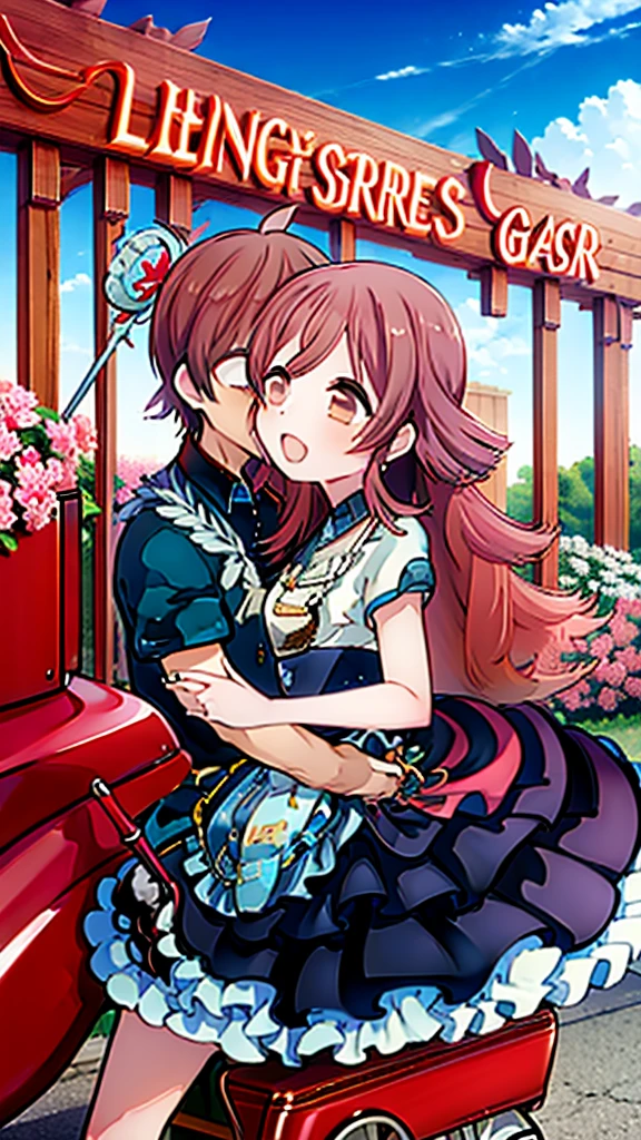 ((Highest quality)), ((masterpiece)), (detailed), Lovers standing in front of a small wagon-type car, such as a Volkswagen、2 people、Boy and Girl、drive、Vision、Side Angle、Summer blue sky、Hikoki Cloud、