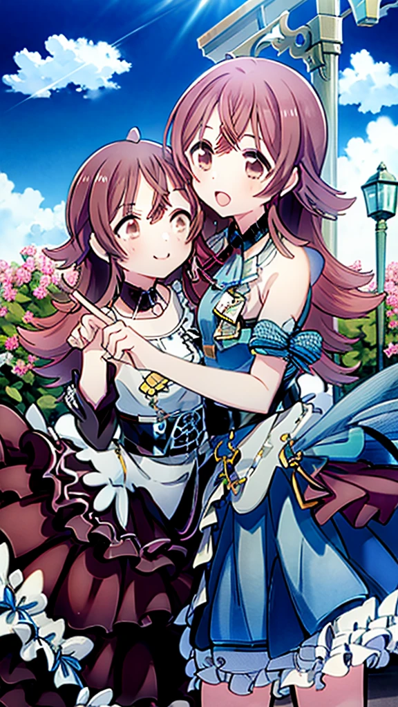 ((Highest quality)), ((masterpiece)), (detailed), Lovers standing in front of a small wagon-type car, such as a Volkswagen、2 people、Boy and Girl、drive、Vision、Side Angle、Summer blue sky、Hikoki Cloud、
