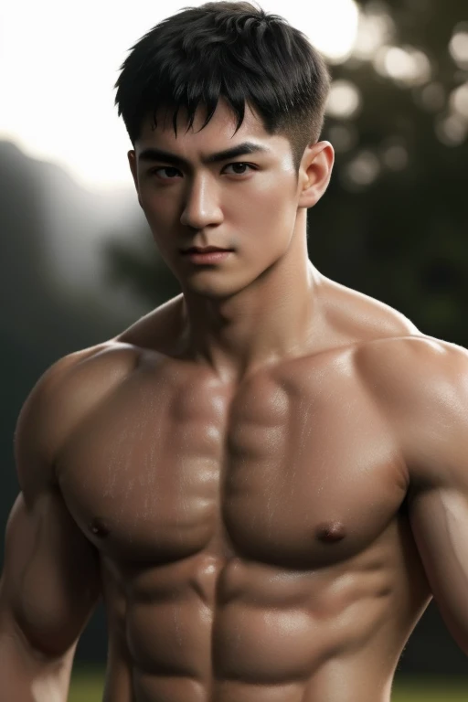 detailed black short-haired muscular male, shirtless, sweat chest, sinewy muscles casting subtle shadows in natural light, dramatic lighting, high contrast, portrait orientation, shallow depth of field, bokeh background accentuating subject, ultra-realistic, 8k resolution.