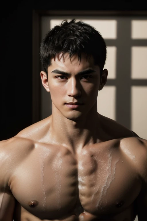 detailed black short-haired muscular male, shirtless, sweat chest, sinewy muscles casting subtle shadows in natural light, dramatic lighting, high contrast, portrait orientation, shallow depth of field, bokeh background accentuating subject, ultra-realistic, 8k resolution.