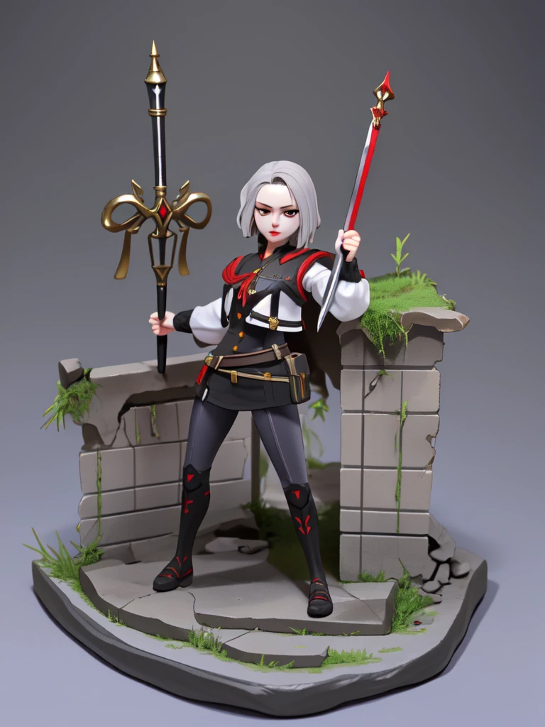 Tabletop Figures, Miniature, The face is precise(((must))), A Russian girl in her early 20s with ash grey hair, Fully equipped with jet black, state-of-the-art protectors, A brave pose brandishing a beautifully decorated long sword, The background is a diorama of ruins.