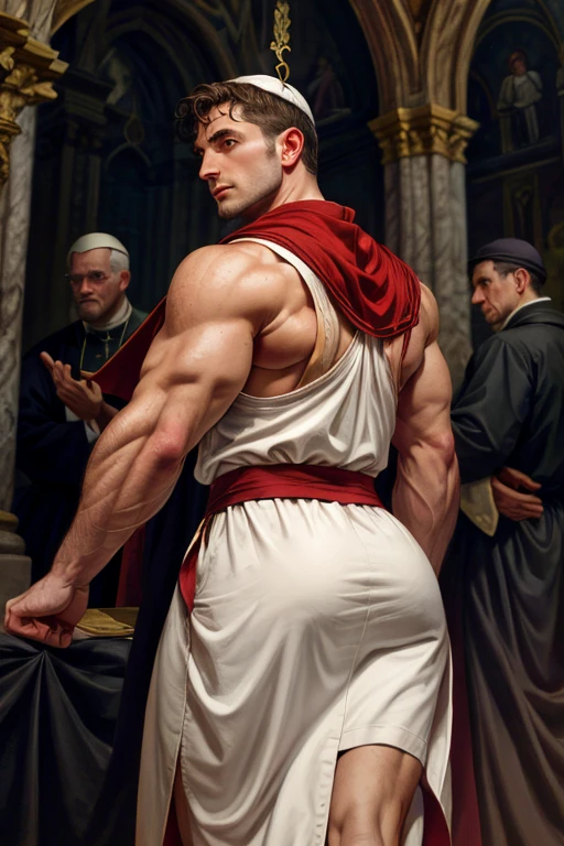 looking back, DariusFerdynand wearing well-fitted sleeveless red and white sheer tight Roman-Catholic-pope robe-armor, looking at viewer, peaceful and righteous expression, dynamic pose BREAK St. Peter's Basilica, Vatican, BREAK heroic, religious motifs, Chiaroscuro, Renaissance art, ecclesiastical power, BREAK realistic, cinematic, best quality, detailed background, depth of field, intricate details