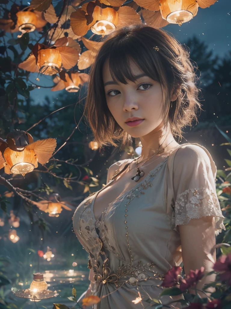 (8k, Highest quality, masterpiece: 1.2), (Realistic, photoRealistic: 1.37), Very detailed, One Girl, Wide viewing angles, Firefly Garden, Small faint lights and fireflies flitting about, night, Yasutomo Oka&#39;s painting style, huge firm bouncing bust, The cleavage is visible, Intricate details, Splash screen, 8K resolution, masterpiece, Gentle smile, Mysterious Background, aura, A gentle gaze, break, white hair, Dynamic sexy pose,