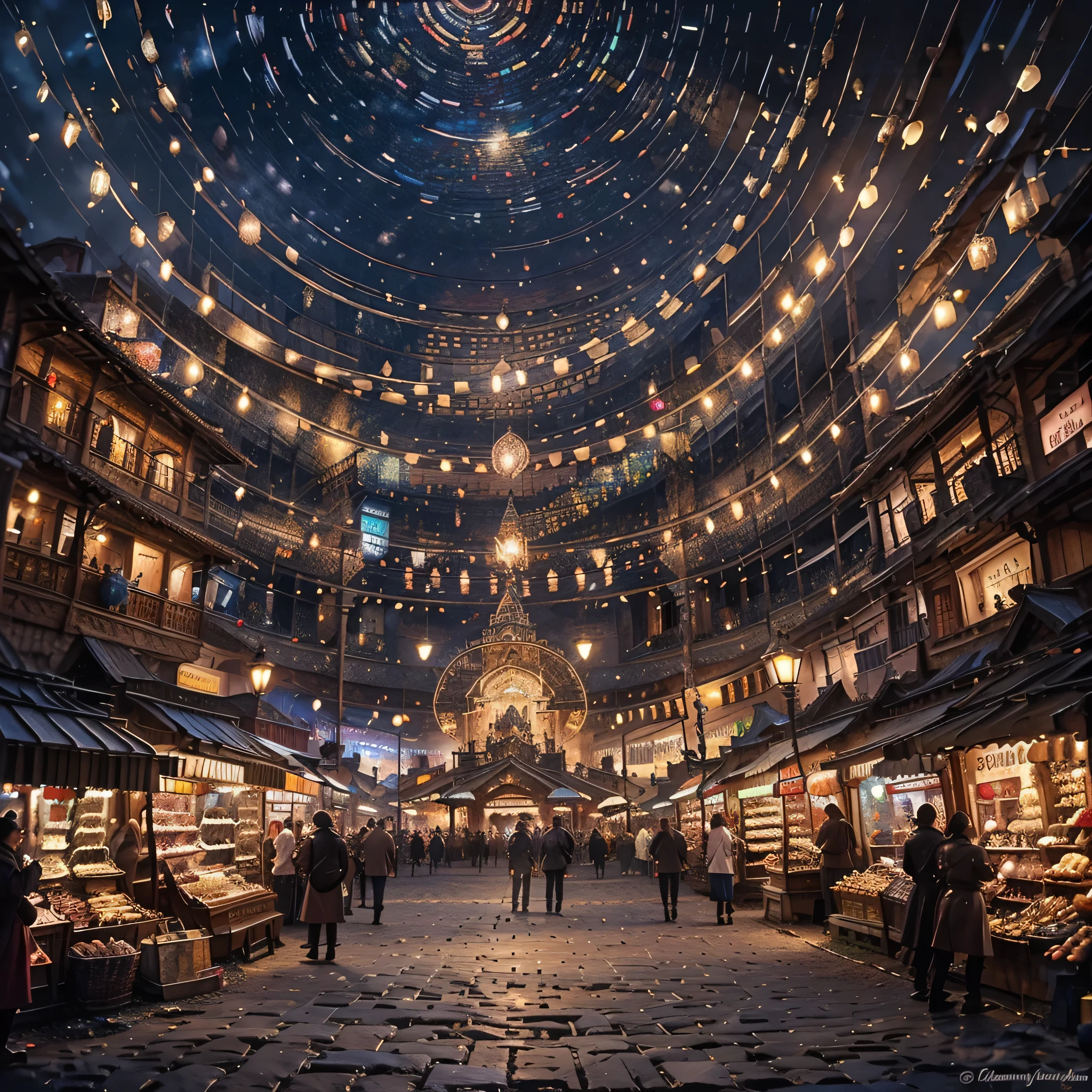 An exquisitely detailed painting of a bustling, fantastical market square at twilight. The scene is filled with a diverse array of unique characters, colorful stalls brimming with exotic goods, and enchanting lights casting a magical glow. The atmosphere is lively and whimsical, with intricate details in every corner, from the cobblestone streets to the ornate architecture."