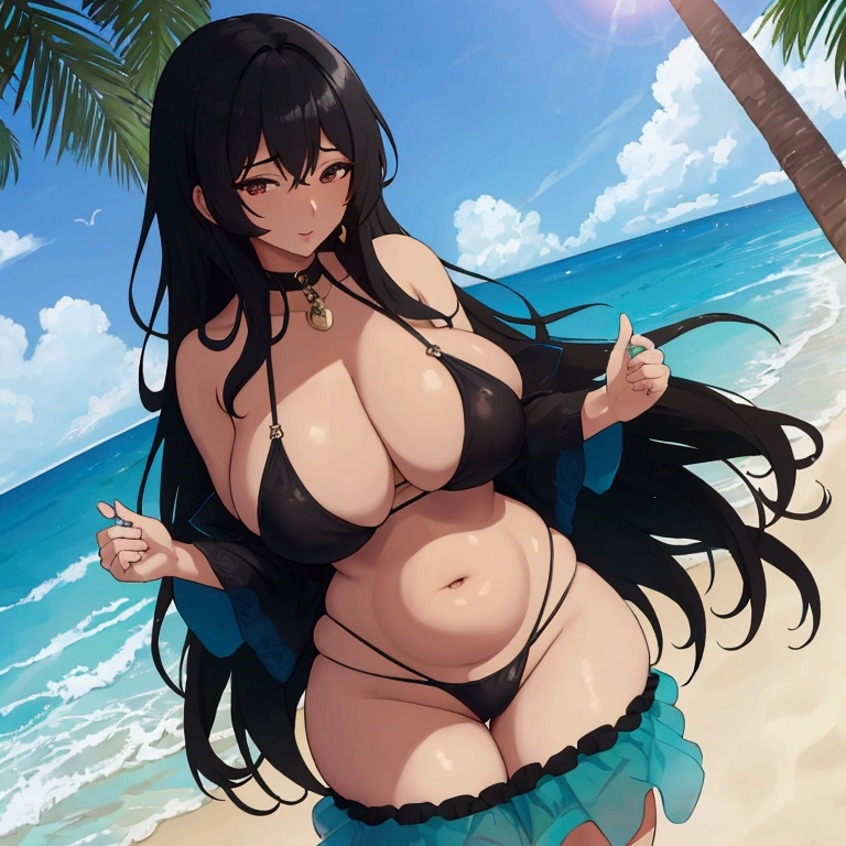 a black-haired milf with big hips on the beach with a very revealing and perverd bikini