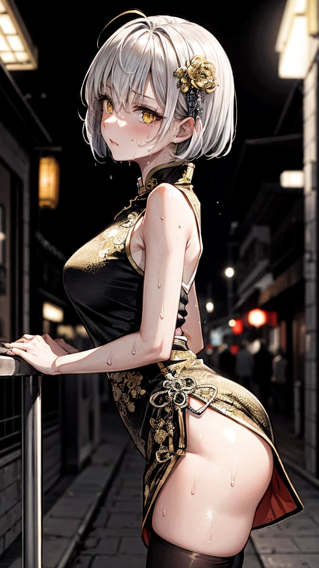 Young girl 22 years old, short silver bob hair, hair flower, sharp bangs between the eyes, yellow  eyes, eyes large, ((traditional chinese imperial clothes black with gold details,)) red skirt, black thigh high socks. slenderbody. view from side, side point of view, on the street of a Japanese city, at night, with full moon in the background, light reflecting on the sexy and sweaty body. (((sweat)))
