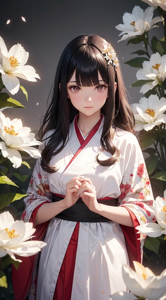 The background is a world of white flowers、(((Highest quality))), Tabletop, High resolution, (((One Girl))), 16 years old,Purple eyes、Long black hair,(((Not trimming bangs))),(((Jagged bangs))),(((Wavy bangs))),(((Red long hair ornament))),(((Disjointed bangs))),(Tsundere face),Pink kimono,Black Skirt,String Band,((Dark red floral kimono)), Tyndall effect, Realistic, Shadow Studio, red lighting, Dual Tone Lighting, (High Definition Skins: 1.2) Digital SLR, photograph, High resolution, 4K, 8K, Background Blur,Beautiful fade out、The background is a world of white flowers