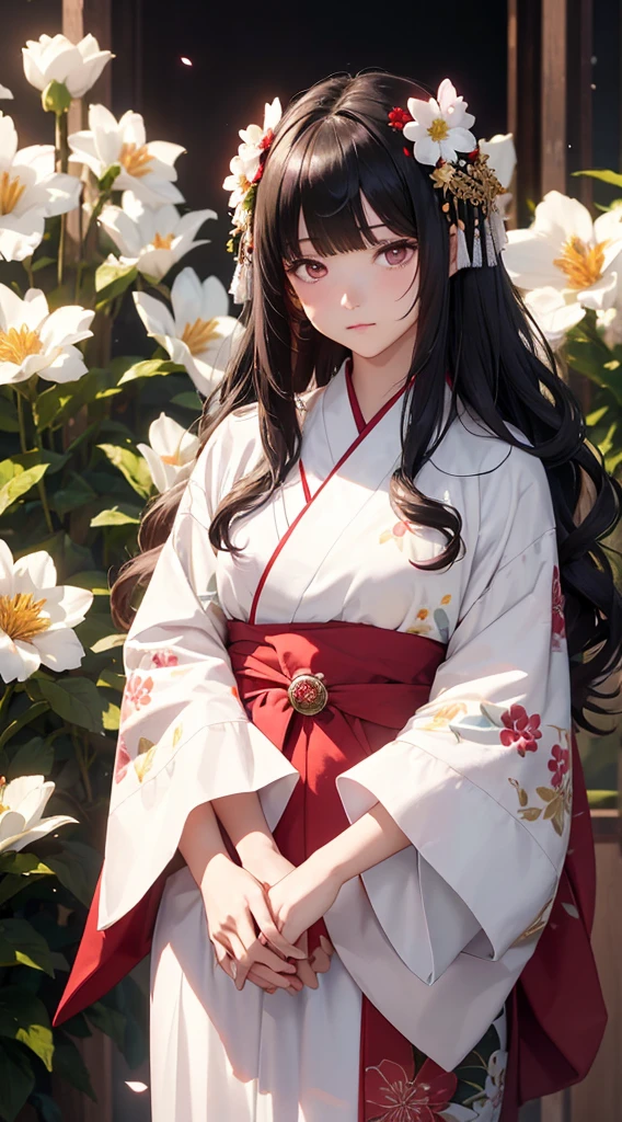 The background is a world of white flowers、(((Highest quality))), Tabletop, High resolution, (((One Girl))), 16 years old,Purple eyes、Long black hair,(((Not trimming bangs))),(((Jagged bangs))),(((Wavy bangs))),(((Red long hair ornament))),(((Disjointed bangs))),(Tsundere face),Pink kimono,Black Skirt,String Band,((Dark red floral kimono)), Tyndall effect, Realistic, Shadow Studio, red lighting, Dual Tone Lighting, (High Definition Skins: 1.2) Digital SLR, photograph, High resolution, 4K, 8K, Background Blur,Beautiful fade out、The background is a world of white flowers