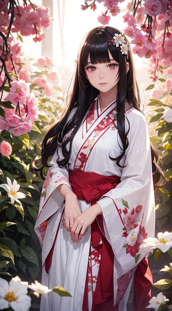 The background is a world of white flowers、(((Highest quality))), Tabletop, High resolution, (((One Girl))), 16 years old,Purple eyes、Long black hair,(((Not trimming bangs))),(((Jagged bangs))),(((Wavy bangs))),(((Red long hair ornament))),(((Disjointed bangs))),(Tsundere face),Pink kimono,Black Skirt,String Band,((Dark red floral kimono)), Tyndall effect, Realistic, Shadow Studio, red lighting, Dual Tone Lighting, (High Definition Skins: 1.2) Digital SLR, photograph, High resolution, 4K, 8K, Background Blur,Beautiful fade out、The background is a world of white flowers