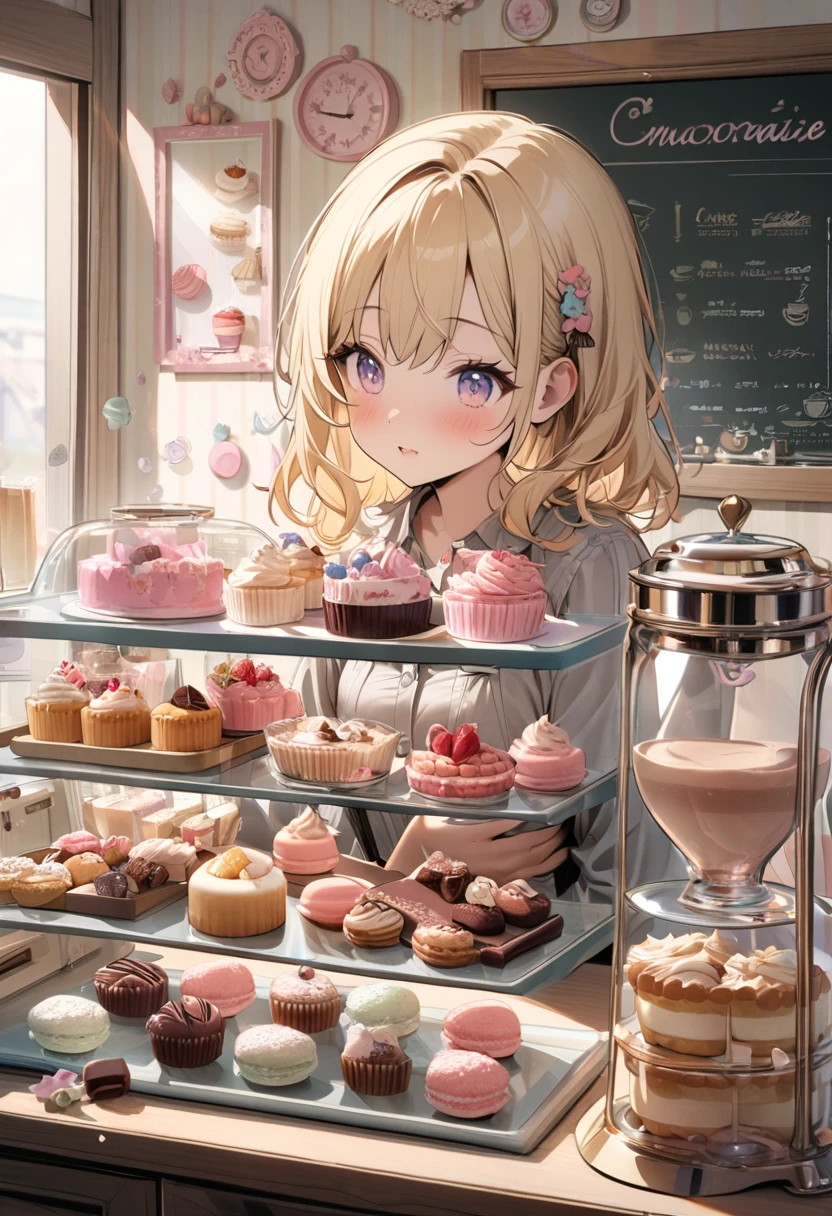 masterpiece, Very detailed, (Little:1.3), , (One girl), Blonde, pastel colour, Cozy atmosphere, Dessert display case, Macaroons, cupcake, tart, cake, coffee maker, Blackboard Menu, Natural light, Glass jar filled with candy, Frosted window glass, Decorative Plate, Whimsical decor, Sugar Sculpture,