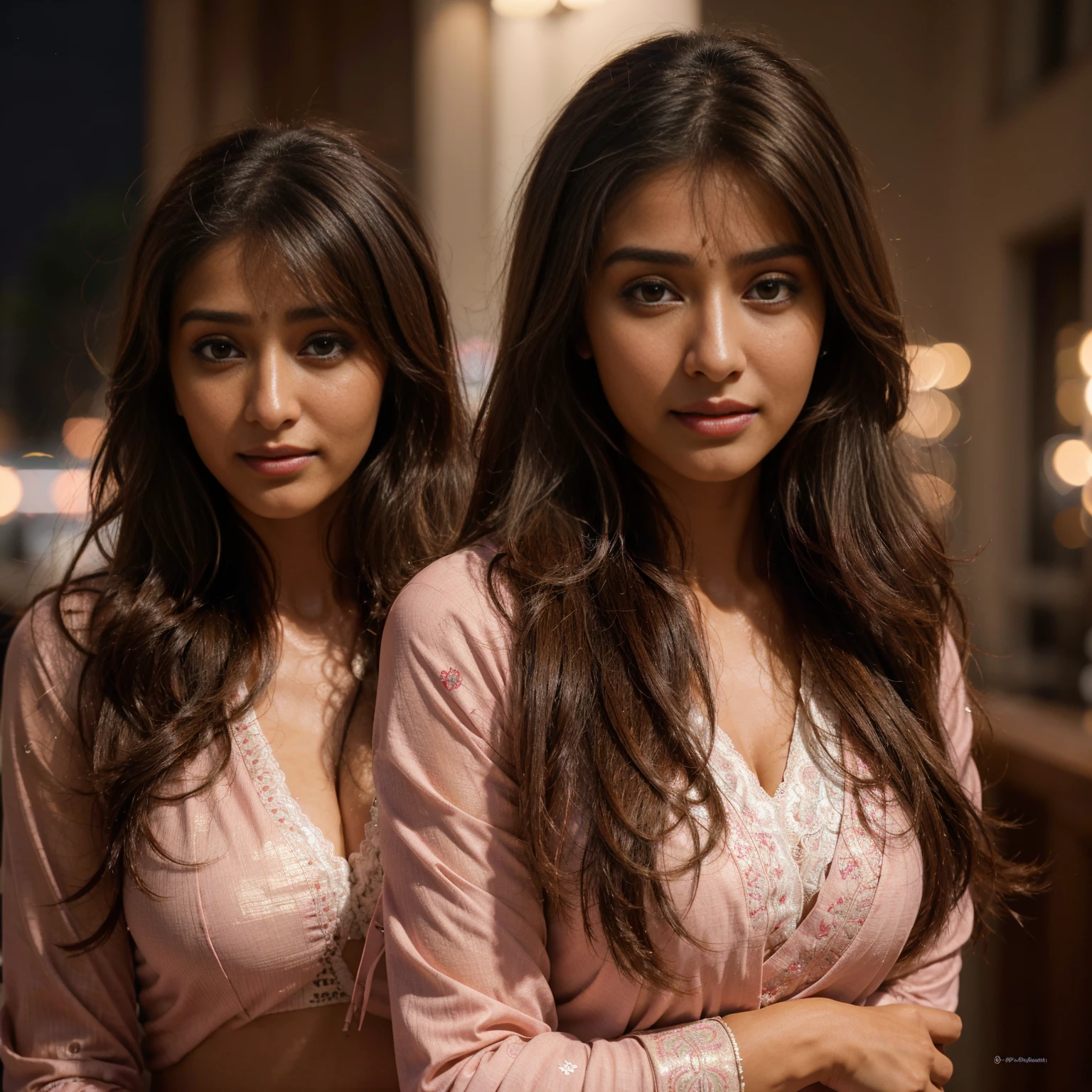 masterpiece, Best Quality, Photorealistic, Ultra-detailed, finedetail, hight resolution, 8k Wallpapers, 1 beautiful woman, face of actress pooja hegde, pink shalwar qameez, At night, light brown messy hair, Perfect dynamic composition, Beautiful detailed eyes