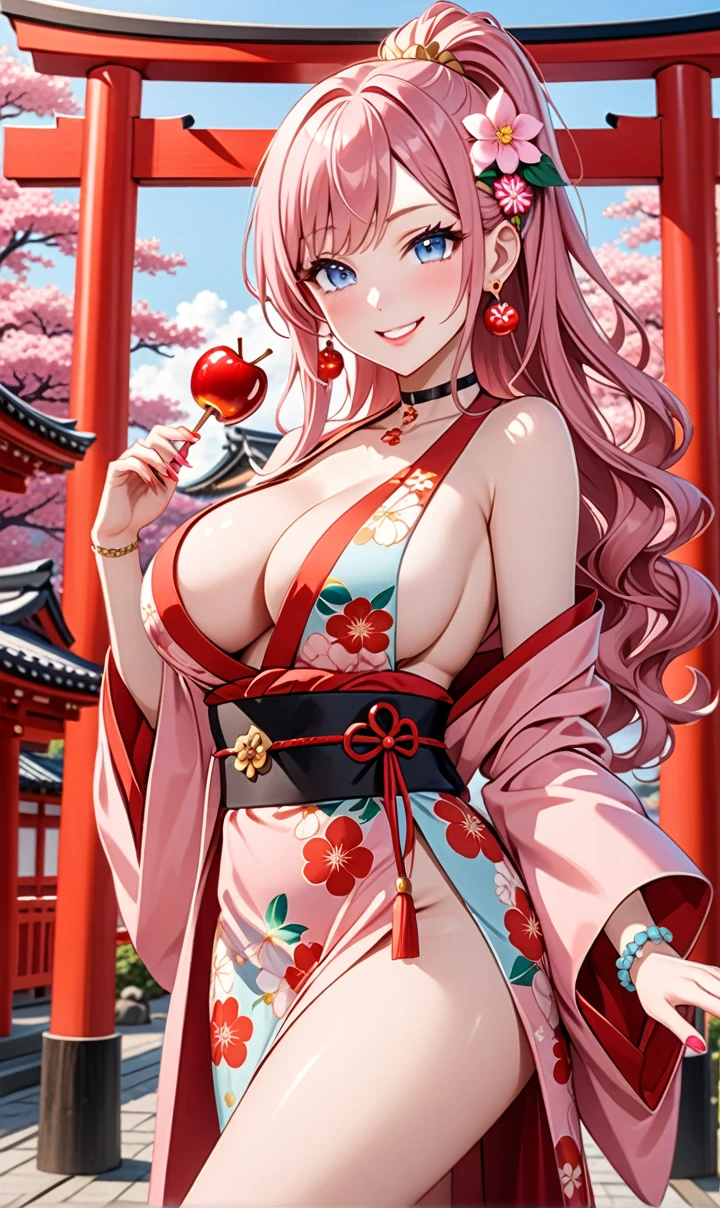 ultra-detailed, ((one girl)), (portrait), (pale skin:1.4), in pastel colors gyaru, (heavy makeup), (professional lighting) hyper detailed, absurdres, 8K, Beautiful Face, (Laugh shyly), ((teasing smile:1.8)), ((Wink:1.7)), (Laugh with your mouth wide open),((Tilt your face:1.6)), View your viewers, ((Bright red cheeks:1.6)),Glossy Red Lips, ((huge breasts:1.4)), ((undressing:1.2)), noon, Shrine torii gate, Festive decorations, ((eating candied apple stick)), ((Anime style background)),masterpiece, Highest quality, so beautiful,Latest, Complex details, (Pink long nails), (nail art), (ring),(bracelet), (Floral Choker),AI-generated, Complex,High resolution, Highest quality, super high quality,3D Images、3D Images,One person,Pastel pink long hair,(High Ponytail), (wavy hair:1.3), Pastel anime woman posing for a photo, ((Fine grain、blue eyes、glowing eyes:1.4)), (Squint your eyes:1.1),a hyperRealistic , hyperRealistic , Realistic,Anime woman with long pastel pink hair, Smooth anime CG art, A girl in a gorgeous pastel-colored kimono, ((Pastel-colored furisode)),(Pink large floral pattern), (sideboob), Long flower hair ornament,Floral Earrings, Mature Body, tall,Narrow waist,