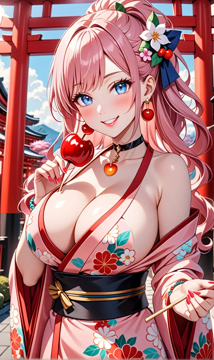 ultra-detailed, ((one girl)), (portrait), (pale skin:1.4), in pastel colors gyaru, (heavy makeup), (professional lighting) hyper detailed, absurdres, 8K, Beautiful Face, (Laugh shyly), ((teasing smile:1.8)), ((Wink:1.7)), (Laugh with your mouth wide open),((Tilt your face:1.6)), View your viewers, ((Bright red cheeks:1.6)),Glossy Red Lips, ((huge breasts:1.4)), ((undressing:1.2)), noon, Shrine torii gate, Festive decorations, ((eating candied apple stick)), ((Anime style background)),masterpiece, Highest quality, so beautiful,Latest, Complex details, (Pink long nails), (nail art), (ring),(bracelet), (Floral Choker),AI-generated, Complex,High resolution, Highest quality, super high quality,3D Images、3D Images,One person,Pastel pink long hair,(High Ponytail), (wavy hair:1.3), Pastel anime woman posing for a photo, ((Fine grain、blue eyes、glowing eyes:1.4)), (Squint your eyes:1.1),a hyperRealistic , hyperRealistic , Realistic,Anime woman with long pastel pink hair, Smooth anime CG art, A girl in a gorgeous pastel-colored kimono, ((Pastel-colored furisode)),(Pink large floral pattern), (sideboob), Long flower hair ornament,Floral Earrings, Mature Body, tall,Narrow waist,