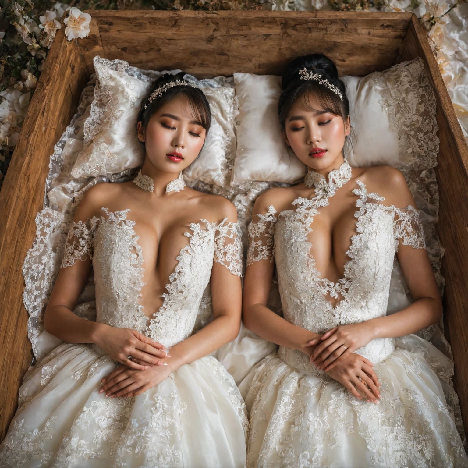 A provocative and sensual image unfolds before us. Two Korean girls, 22 years old, lie asleep in a deep, black coffin surrounded by plush pillows. They wear see-through wedding dresses with lace details, off-shoulder designs, sleeve, and huge skirts that cascade around their bodies. The dresses are cut low to showcase their beautiful breasts, fixed with a subtle cleavage cutout. Their faces are flawless, with perfect eyebrows, eyelashes, and skin tone. One girl's hair is styled in a ponytail with bangs framing her face, while the other has a bun adorned with wisps of hair framing her closed eyes. The overall atmosphere is one of intimacy and sensuality, with saturated colors enhancing the mood. Note the visible breasts and perfectly manicured hands that peek out from beneath the skirts, which are strategically covered to conceal their legs, ba11g0wn