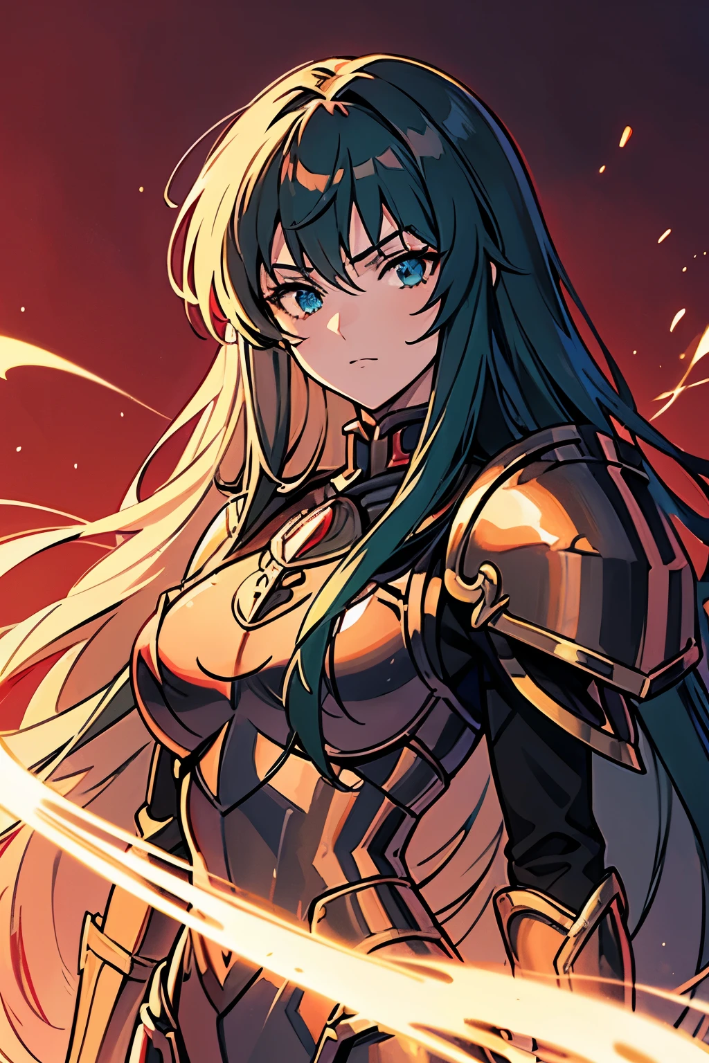 (high-quality, breathtaking),(expressive eyes, perfect face) 1female, Symmetrical Eyes, girl , solo, adult , portrait, dark green colored hair, red coloured eyes, stylised hair, neutral expression, soft smile, medium length hair, loose hair, side bangs, wavy hair, narrow eyes, looking at viewer, black armor, black and red clothing color palette, red trim, fantasy armor, corruption theme, Sasha Saint Seiya Lost Canvas, Goddess Athena, haunting red background, Saint Seiya Armor, full plate, long sleeved shirt, gauntlets, shoulder pads, BlackKnight_fe, detailed eyes
