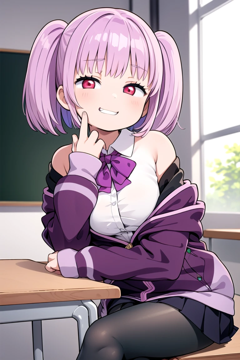 1girl, grin, :3, twintails, upper body, hand to own mouth, looking at viewer, half-closed eyes, hoodie, pink hair, blue eyes,Masterpiece, Best quality, A high resolution, Akane Shinjo, 1girll, Solo, Pantyhose, shirt, bow, Skirt, purple jacket, Jacket, White shirt, Long sleeves, Short hair, Black skirt, Collared shirt, Black pantyhose, Open clothes, neck bowtie, Purple bow, Breasts, bangs, Red eyes, Pleated skirt, cropped shoulders, Open jacket, sleeves past wrists, Light purple hair, Purple bow tie, Miniskirt, Cowboy shot, Classroom,((crossed legs)), boots,