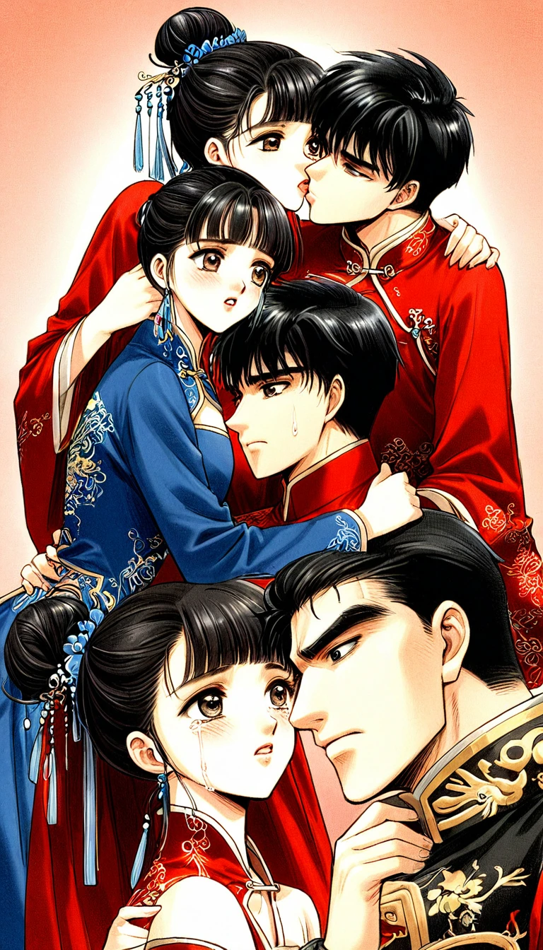Period drama manga style A 15-year-old super beautiful Chinese girl with black hair in a bun cut(1 person) She is wearing a royal long-sleeved Chinese dress She is hugged by the perverted old emperor and forced to deep kiss him, causing him to cry.