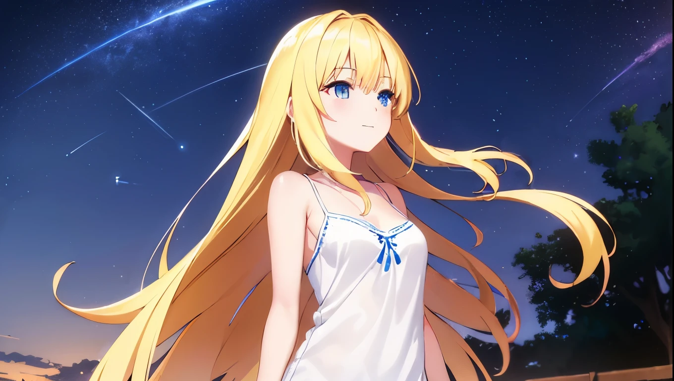 (masterpiece:1.3), (best quality:1.1), (8k, ultra detailed, ultra high res:1.2), ((anime style)),
1girl,
BREAK long hair, wavy hair, arms behind back,
(blonde hair),
(blue eyes),
medium breasts, (white camisole, Sequins, white sequins:1.4),
BREAK smile, (gazing skyward:1.2), standing,
(cowboy shot:1.3), BREAK (outdoor, Stars, Shooting star, sky, at night, galaxy, Cosmos, summer:1.3),