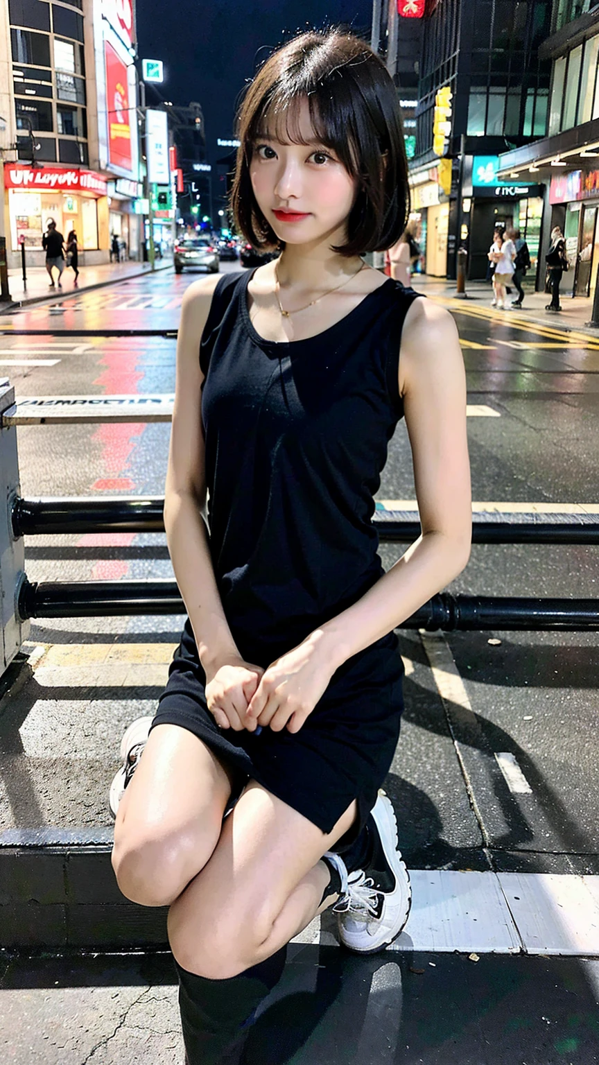 (Highest quality, 8K, 32k, masterpiece, Ultra-high resolution: 1.2), Cute Japanese Women Photos, Very short bob hair, whole body, Extra Large_one piece, necklace, Simple Background,(Film aesthetics:1.4) Bokeh urban night photo of a beautiful fashion model、Model pose including feet