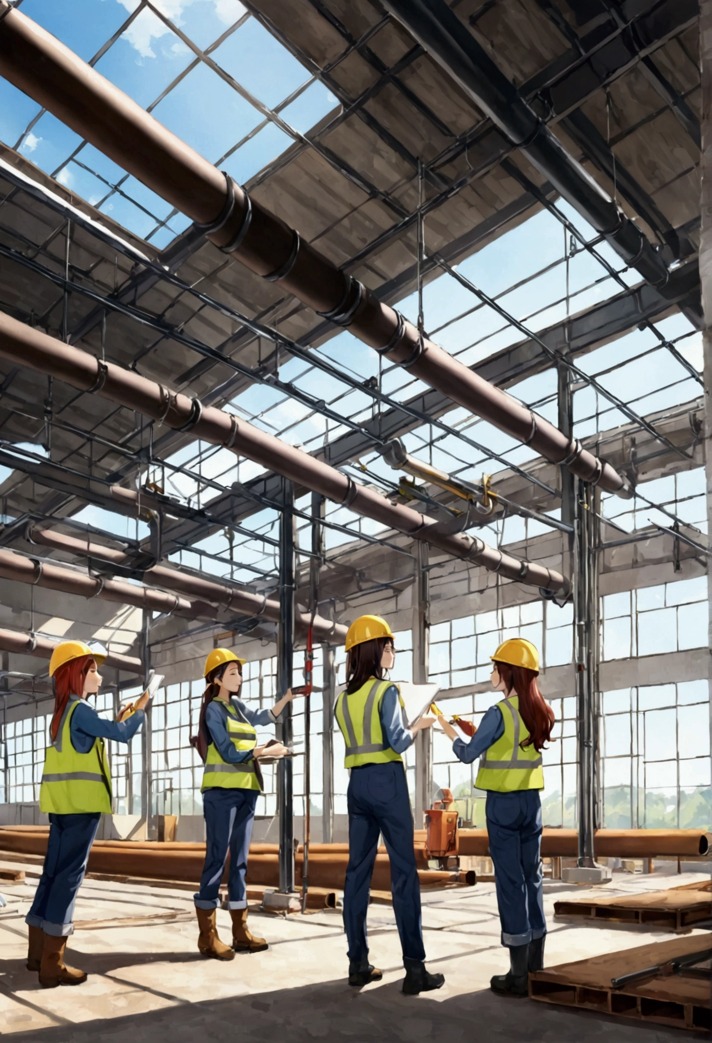 Group of girls (beautiful) working (industrial site ) sunny day, (installing pipe high ceiling )